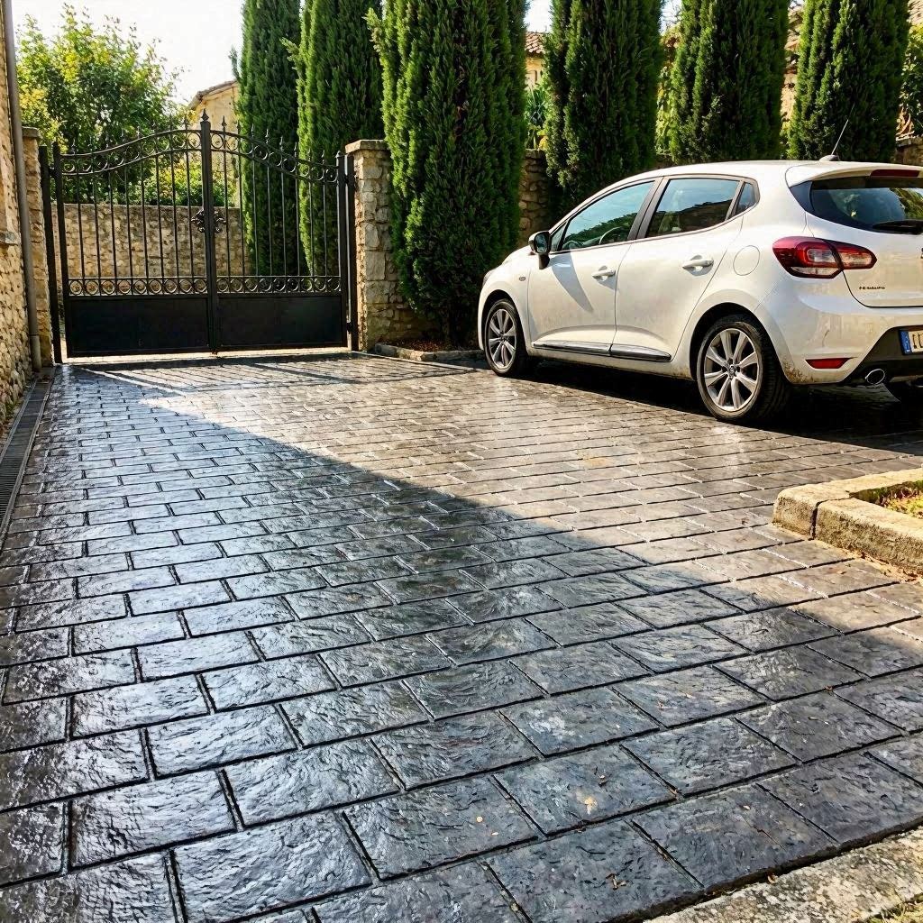 Allée de garage béton imprimé finition pavé anthracite devant un portail en fer forgé dans le Var