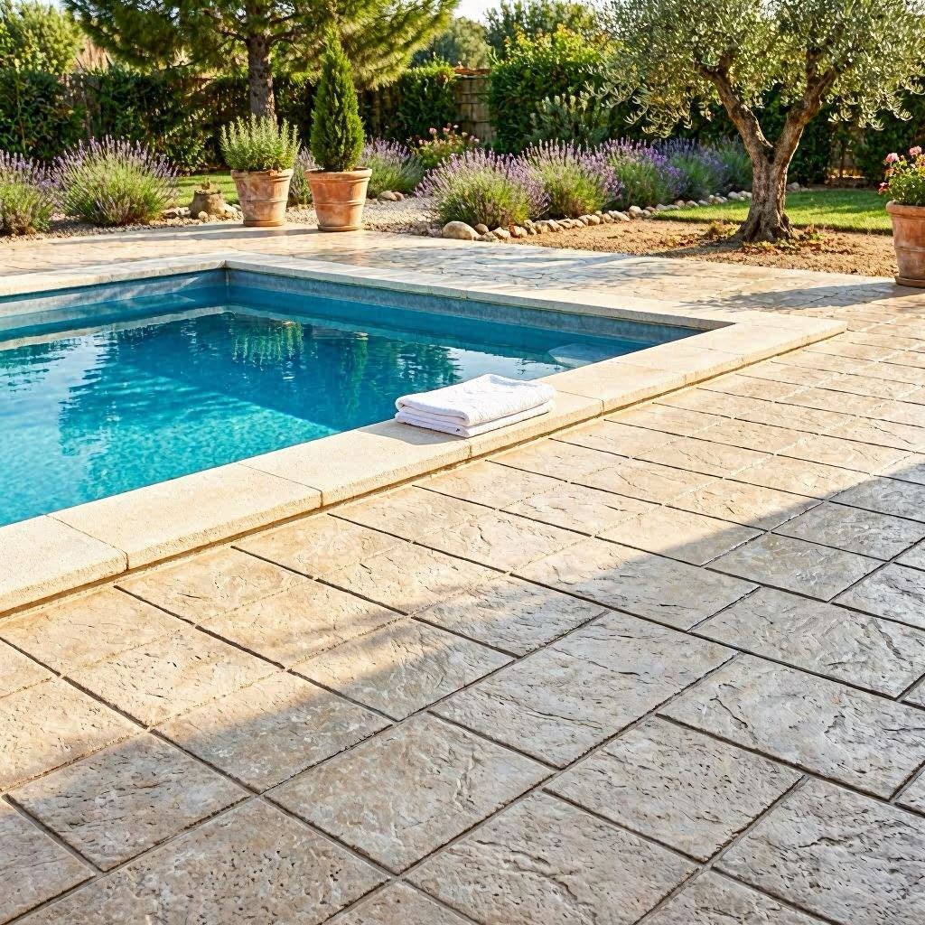 Plage piscine béton imprimé finition pierre irrégulière beige autour d'un bassin bleu dans le Var