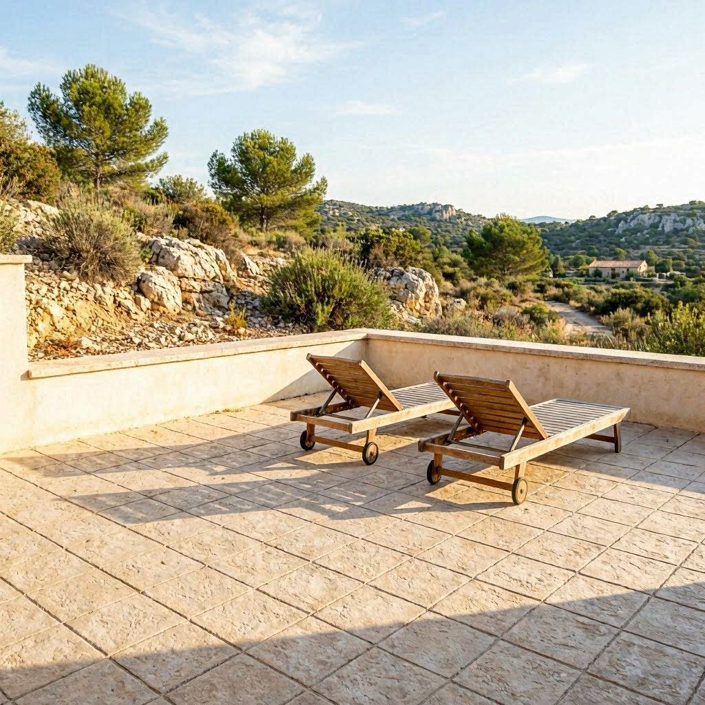 Terrasse béton imprimé Marseille avec vue sur les collines provençales, finition pierre beige