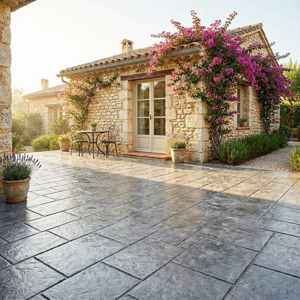 Terrasse en béton imprimé avec finition ardoise grise dans le jardin d'une maison individuelle en Provence