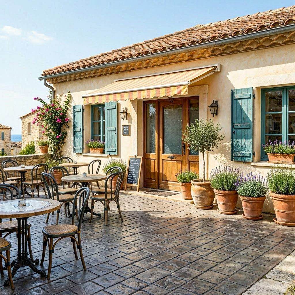 Parking et parvis béton imprimé professionnel finition pavé anthracite devant un restaurant terrasse en Provence