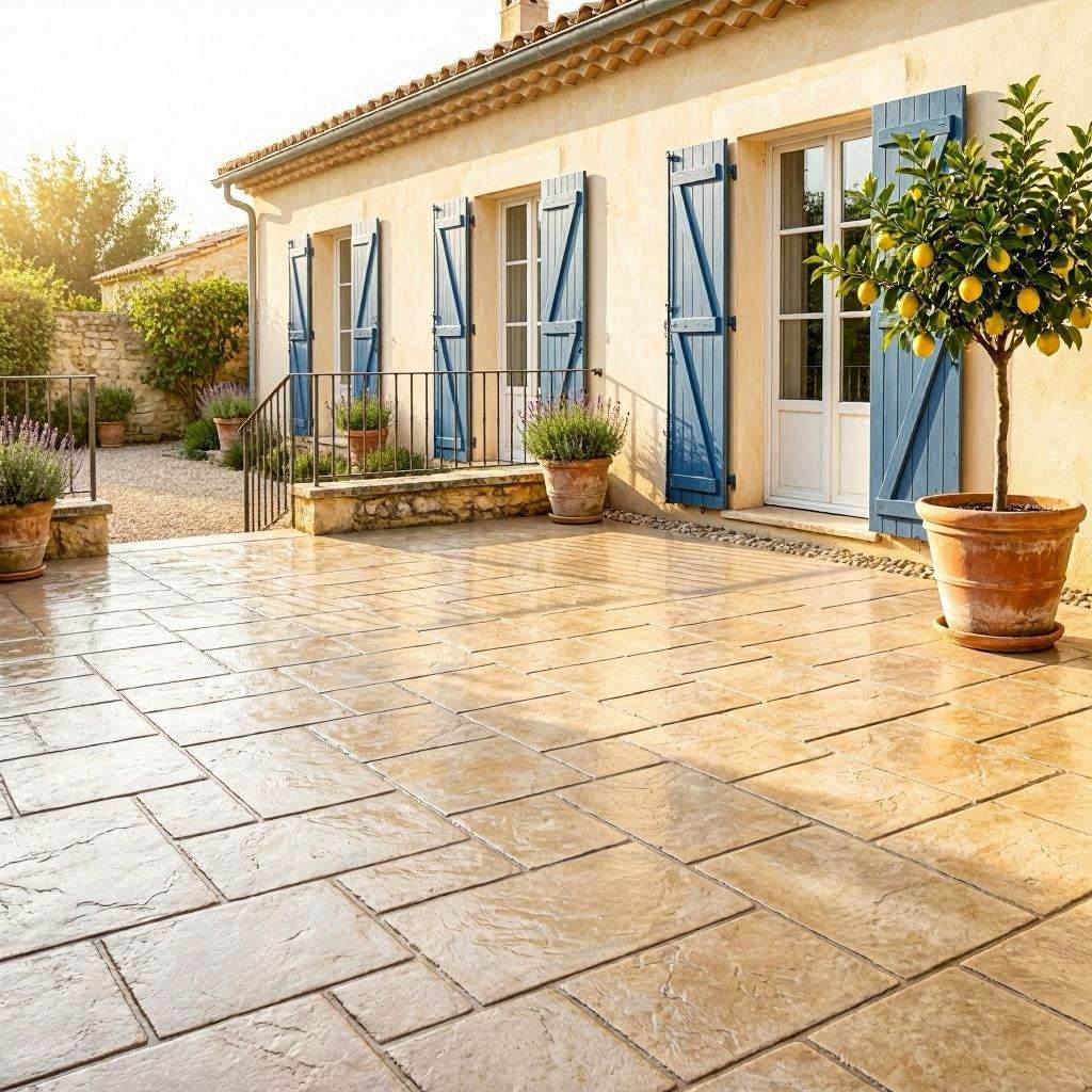 Terrasse béton imprimé en parfait état mettant en valeur ses avantages : esthétique, durabilité et absence de joints ouverts, maison Var