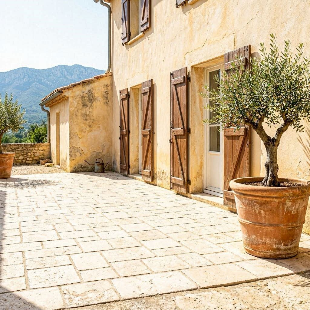 Terrasse béton imprimé Aix-en-Provence finition calcaire crème devant une bastide provençale dans le Pays d'Aix