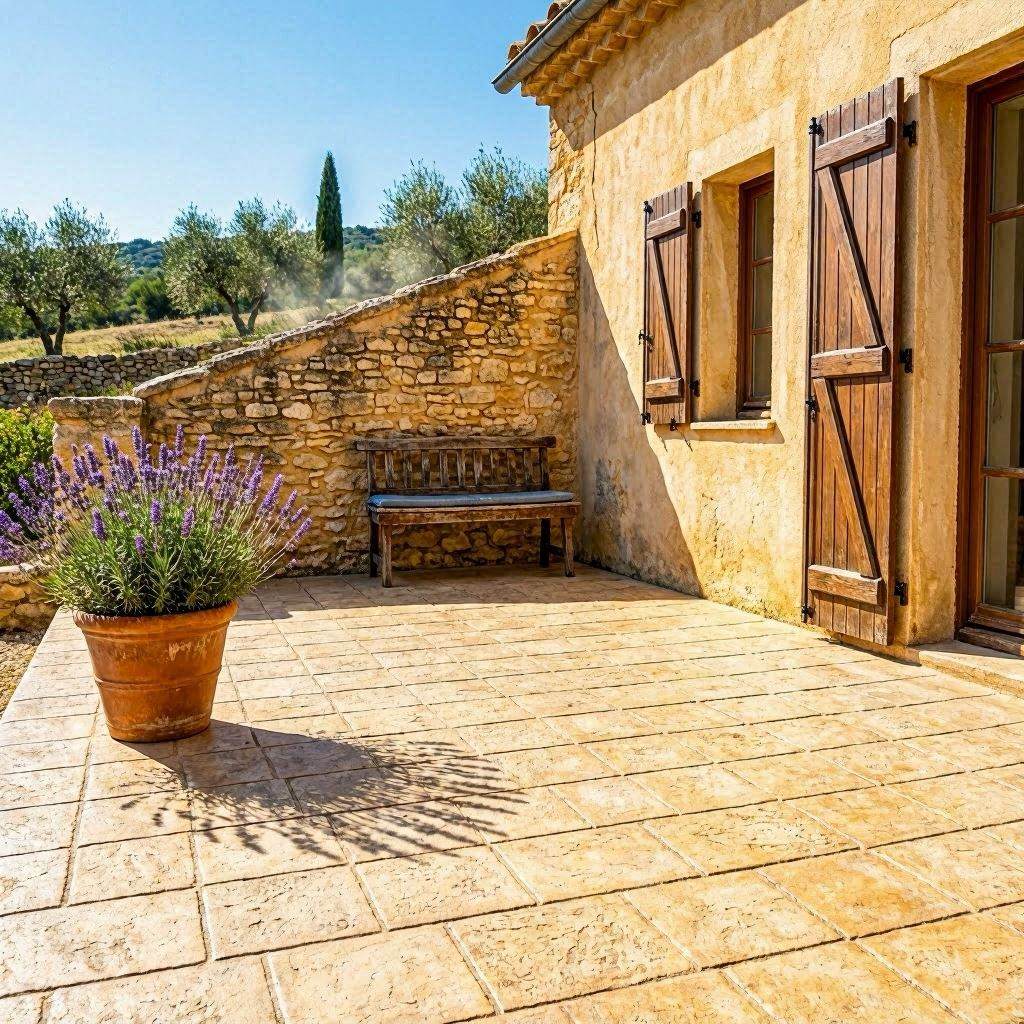 Terrasse béton imprimé Avignon finition pierre de Bourgogne calcaire devant un mas provençal du Luberon en Vaucluse