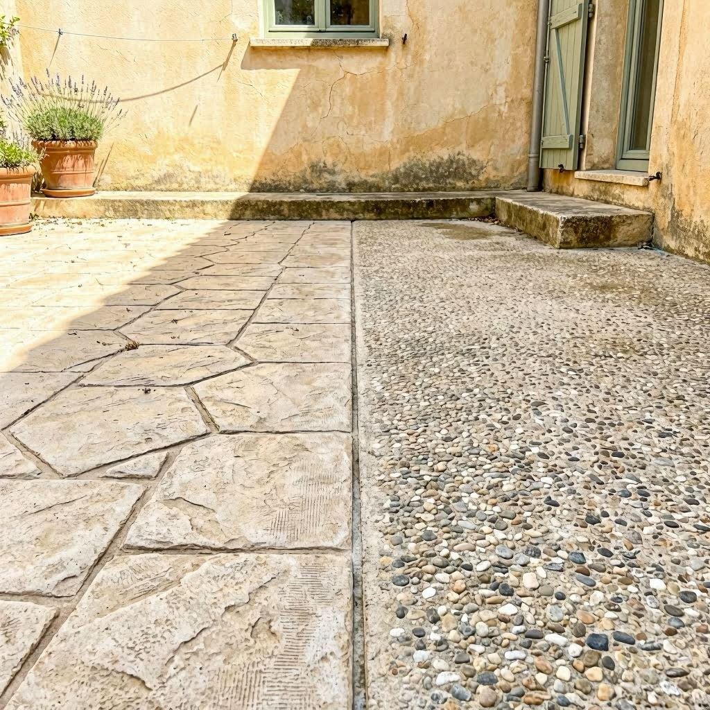 Comparatif béton imprimé et béton désactivé côte à côte sur une terrasse PACA : texture sculptée vs granulats naturels apparents