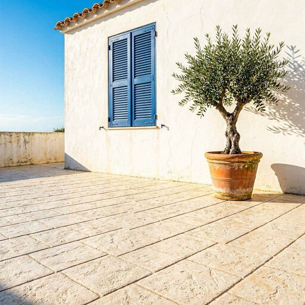 Terrasse béton imprimé blanc finition calcaire crème lumineuse devant une villa provençale avec piscine bleue et façade en enduit blanc
