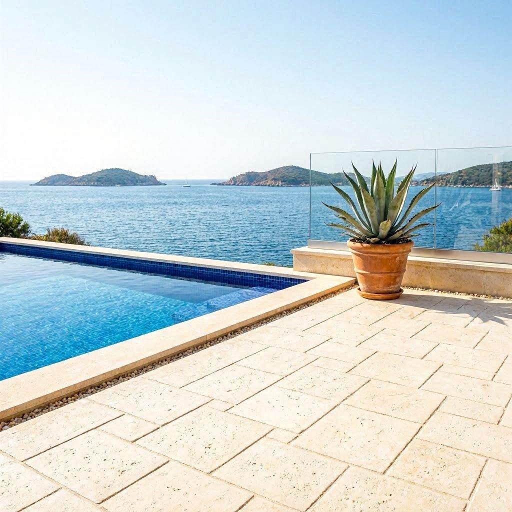 Terrasse béton imprimé Cannes finition travertin crème sur villa Côte d'Azur avec vue sur la Méditerranée et les îles de Lérins