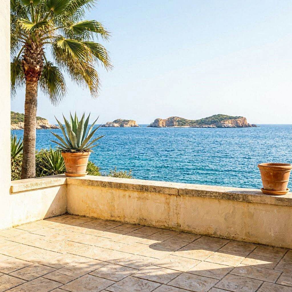  Terrasse béton imprimé Hyères finition pierre sable clair sur villa balnéaire avec vue sur les îles d'Or et la Méditerranée