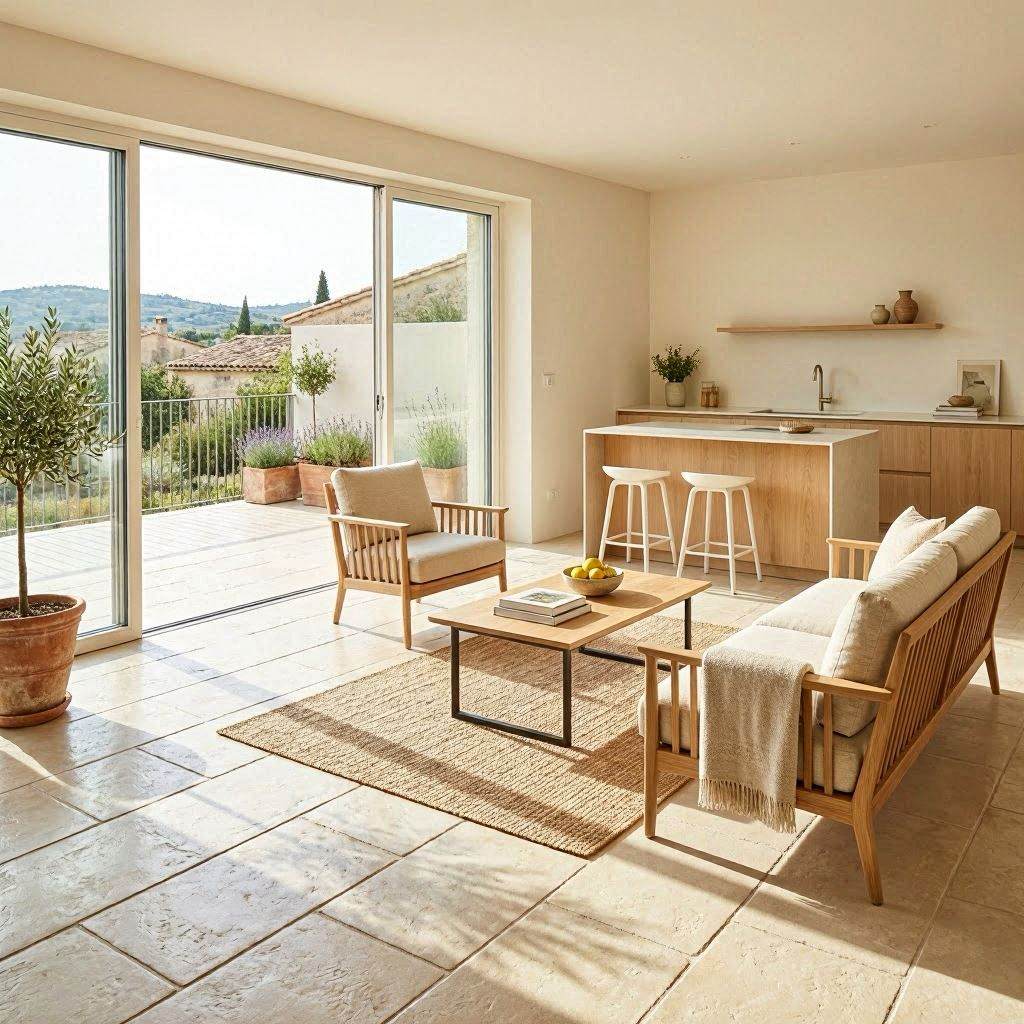 Sol béton imprimé intérieur finition grande dalle crème dans un salon contemporain avec baies vitrées donnant sur terrasse en PACA