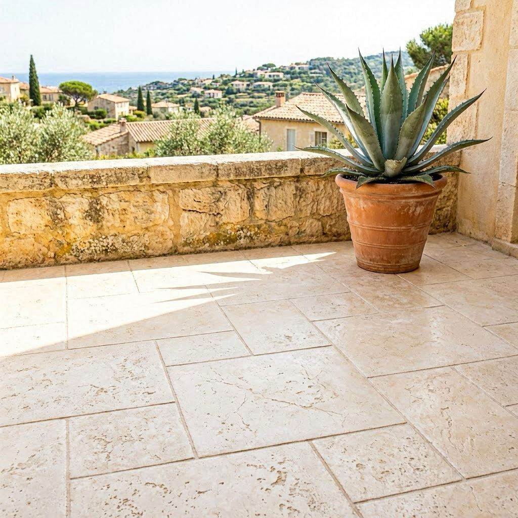 Terrasse béton imprimé Nice finition pierre calcaire crème sur villa Côte d'Azur avec vue sur les collines azuréennes
