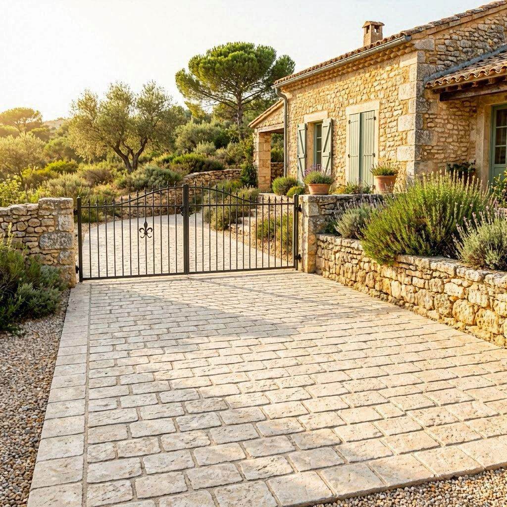 Allée béton imprimé Nîmes finition pavé calcaire devant une maison gardoise en pierres sèches avec portail en fer forgé