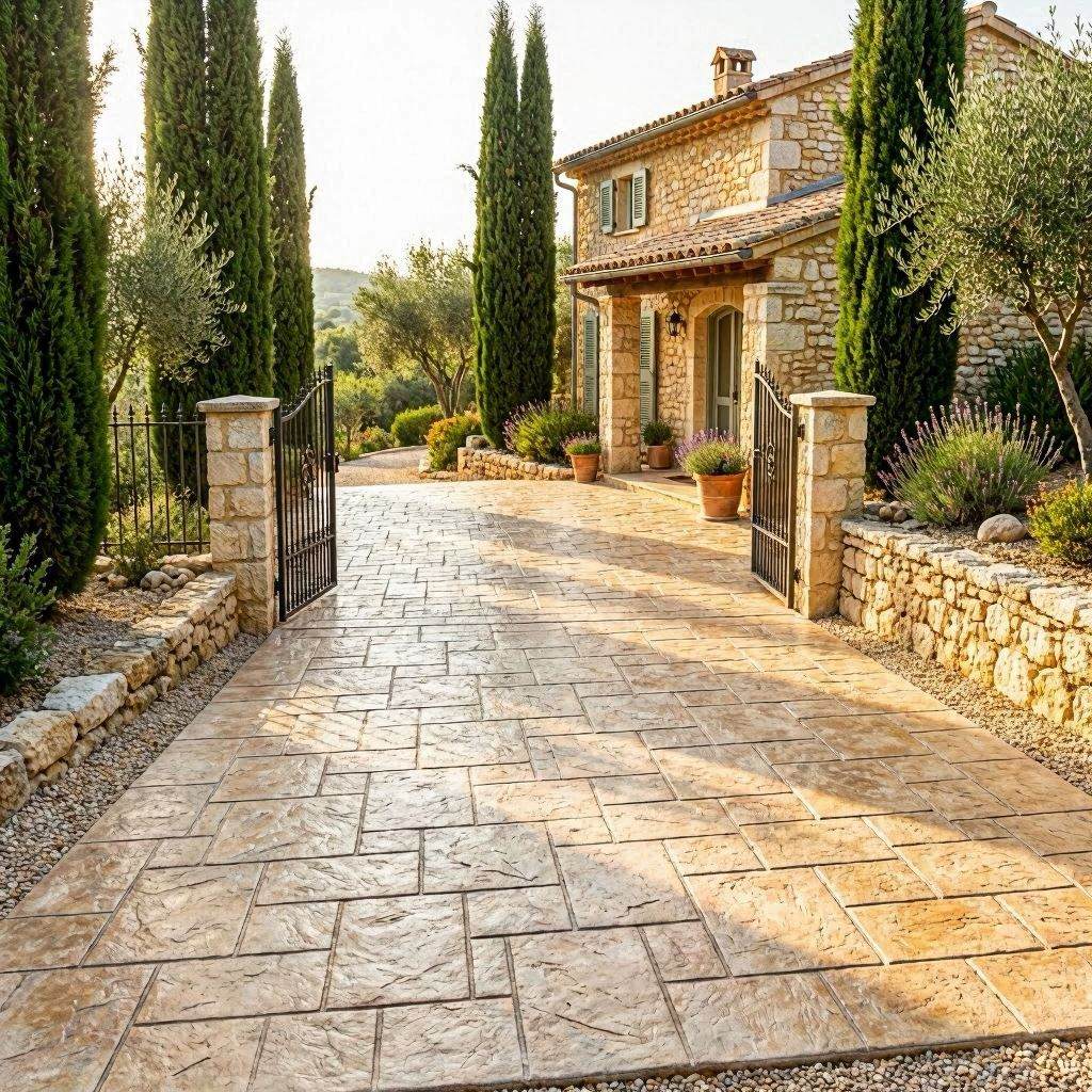 Allée béton imprimé en pente descendant depuis le portail vers une maison provençale dans les collines du Var, finition pierre antidérapante