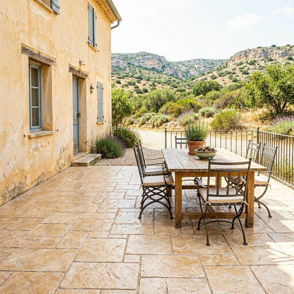 Terrasse béton imprimé Var finition pierre beige sur un mas provençal entouré de garrigue dans le département 83