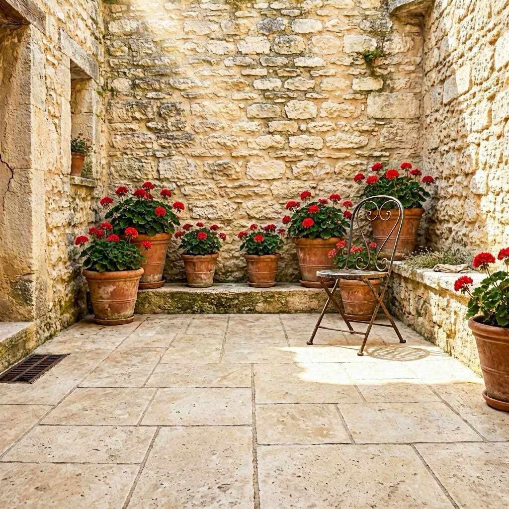 Cour intérieure béton imprimé finition grande dalle crème dans une maison provençale avec murs en pierre