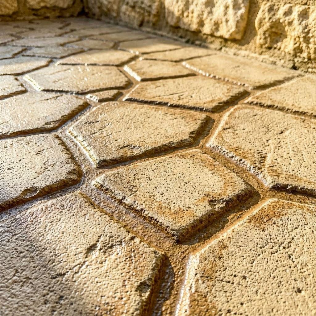 Détail de surface béton imprimé bicolore finition pierre de Bourgogne, teinte beige sable et contraste brun, sud de la France