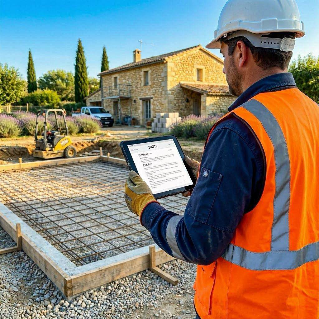 Artisan Béton Imprimé Sud Est lors d'une visite de chantier pour devis, tablette numérique à la main, terrain extérieur dans le Var