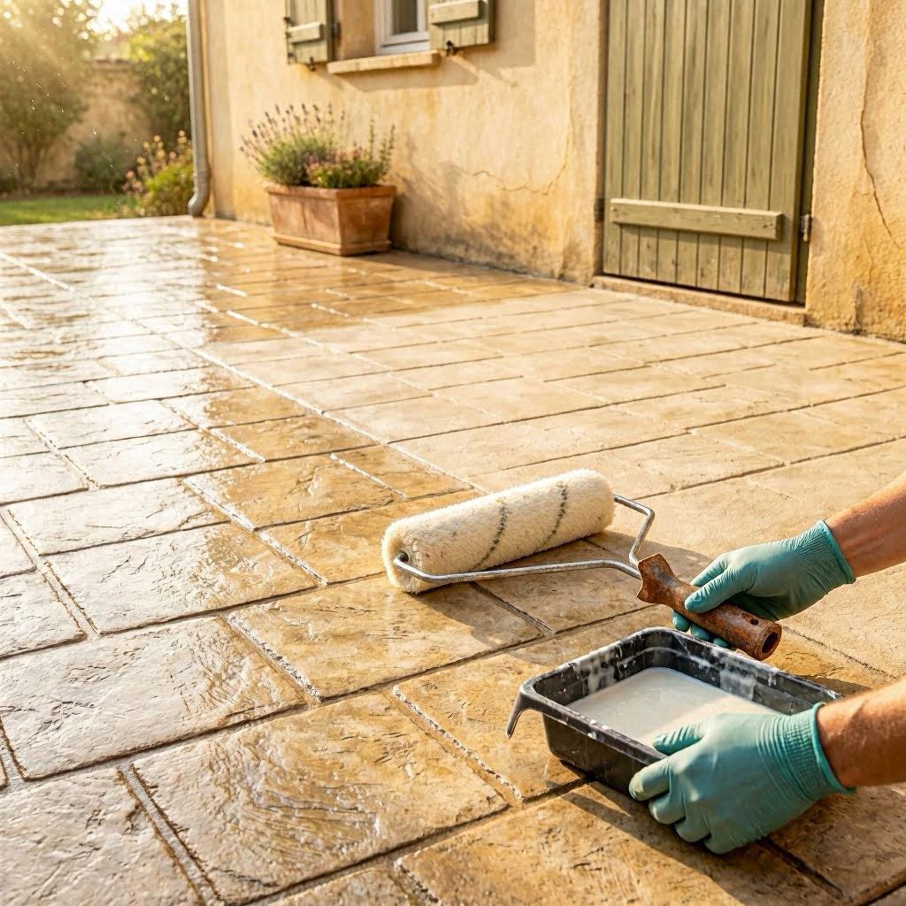 Entretien béton imprimé : application du produit de rescellement sur une terrasse dans le sud de la France