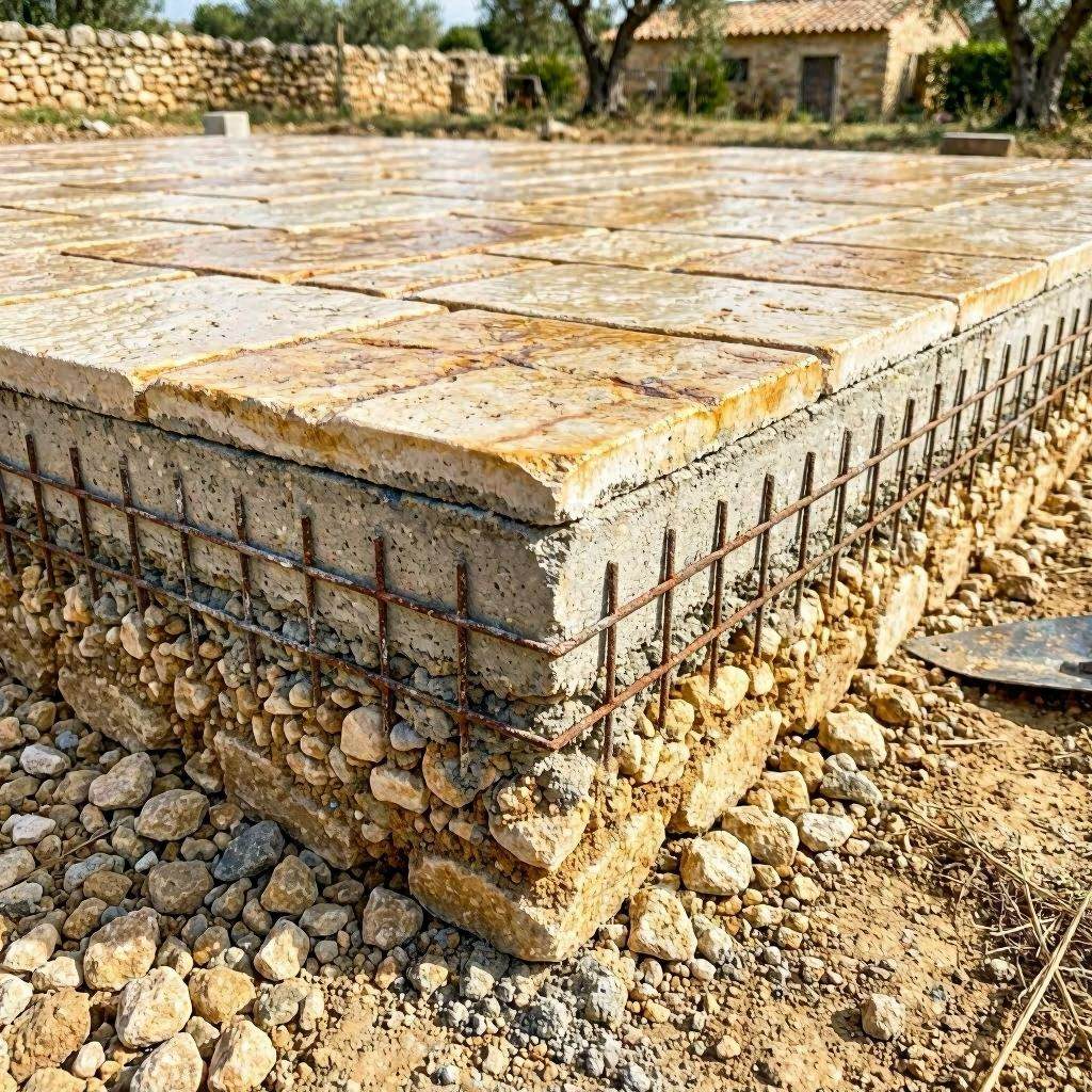 épaisseur béton imprimé, Schéma réaliste de coupe transversale d'une dalle béton imprimé montrant les couches : fondation granulaire, dalle béton armé et couche imprimée avec scellement