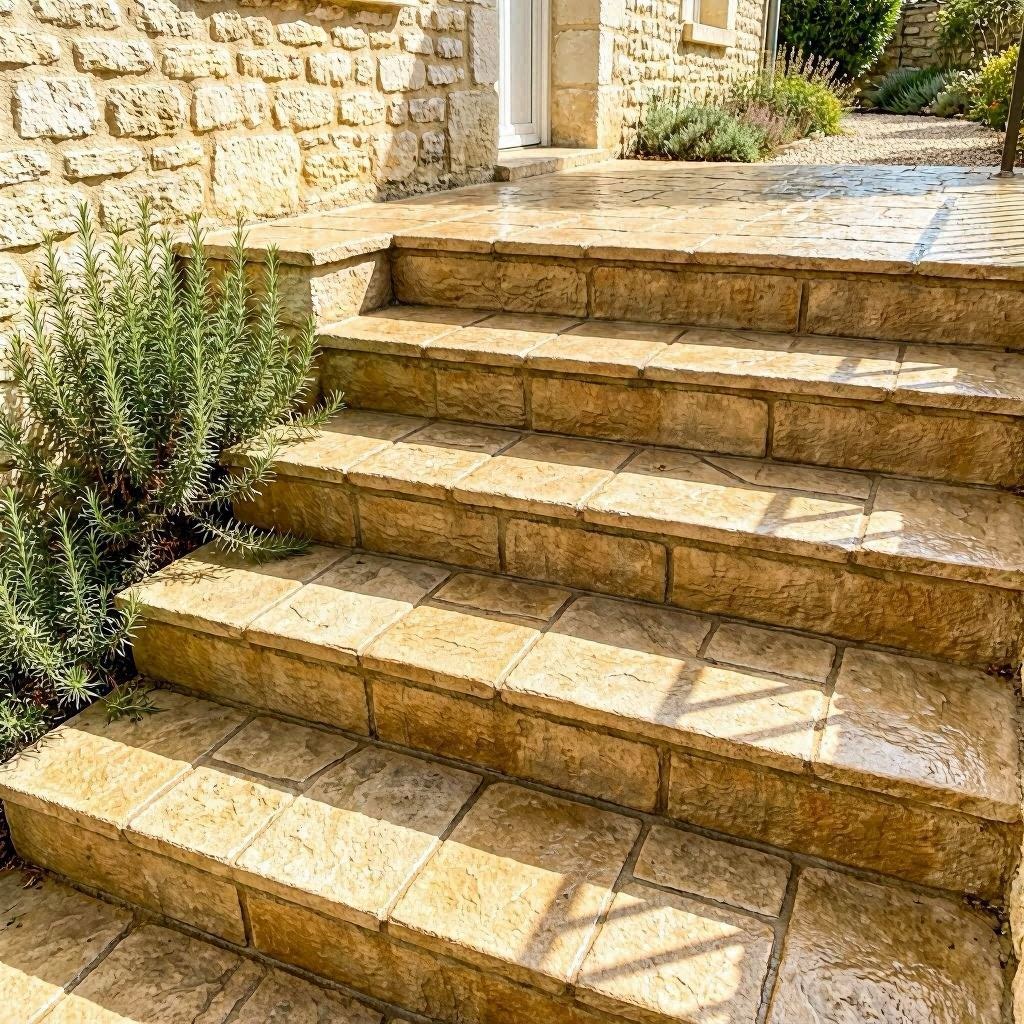 Escalier béton imprimé finition pierre irrégulière beige reliant une terrasse au jardin d'une maison provençale