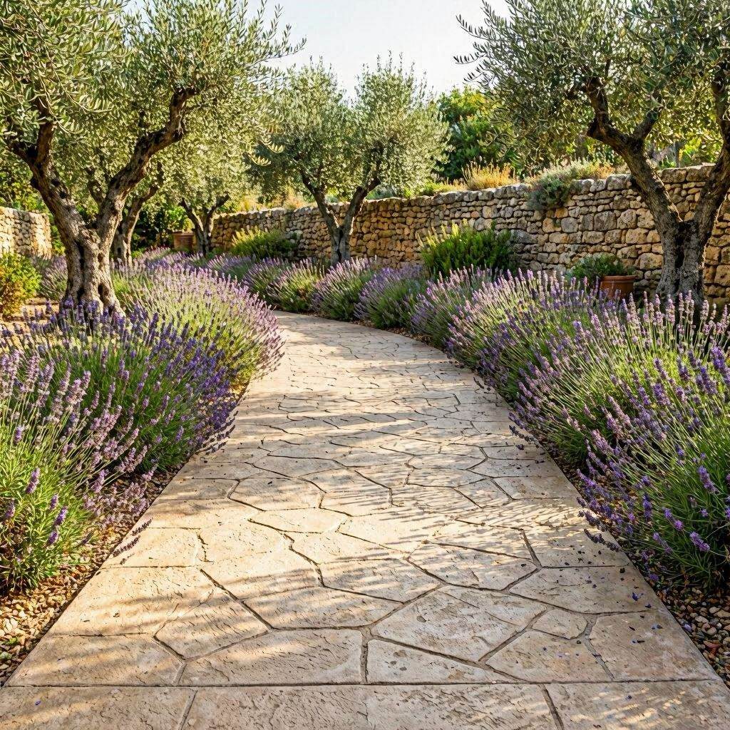 Chemin béton imprimé jardin finition pierre irrégulière calcaire entre massifs de lavande et oliviers dans un jardin provençal