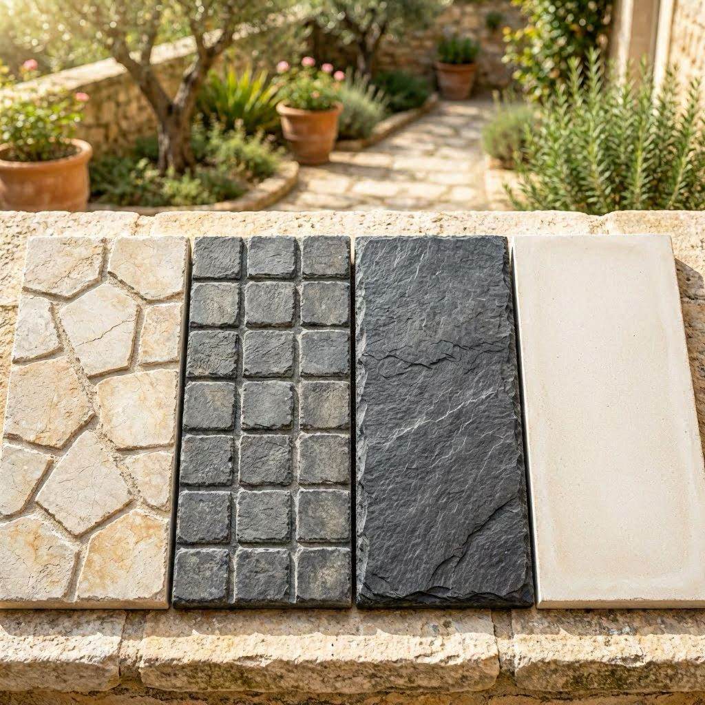 Quatre échantillons de motifs béton imprimé côte à côte : pierre irrégulière, pavé rectangulaire, ardoise clivée et grande dalle