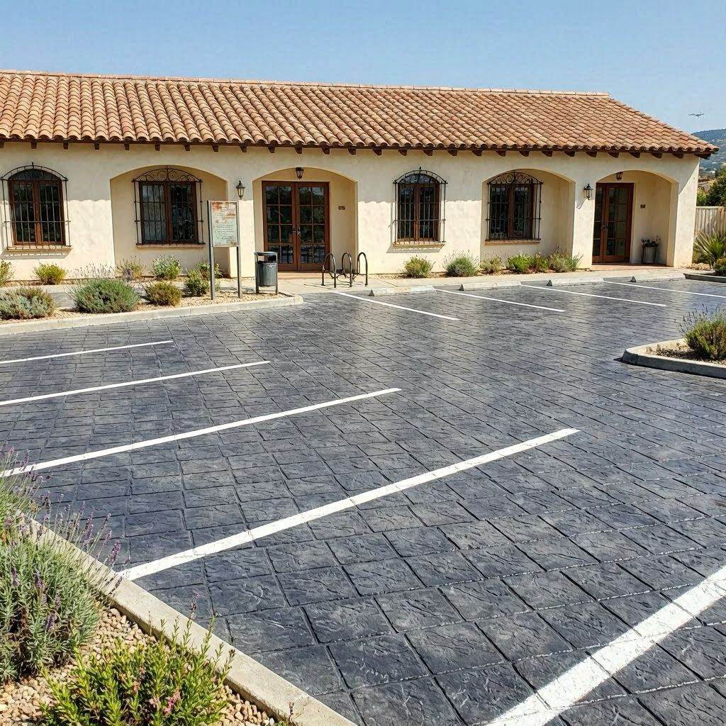 Parking béton imprimé professionnel finition pavé anthracite avec places délimitées devant un commerce en PACA