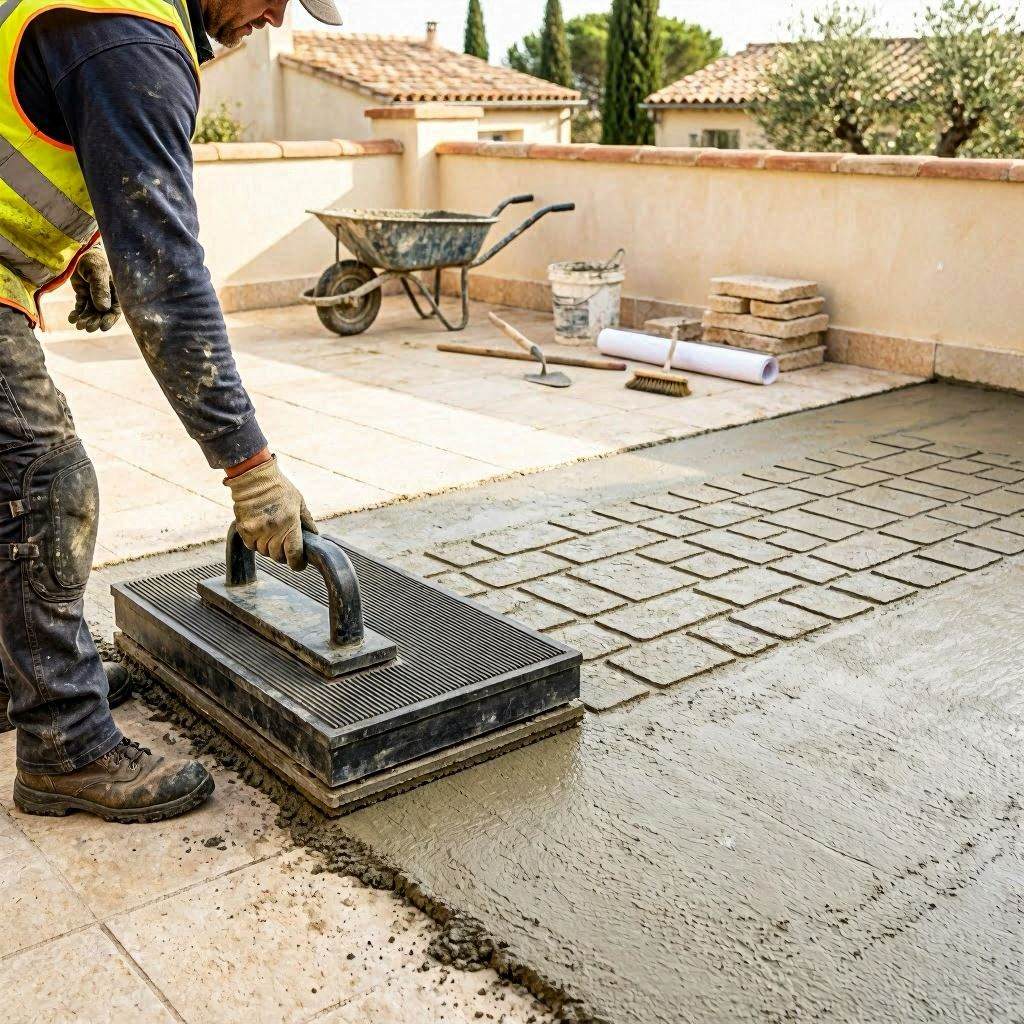 Artisan en train d'appliquer une matrice de texture lors de la pose béton imprimé sur chantier extérieur dans le Var