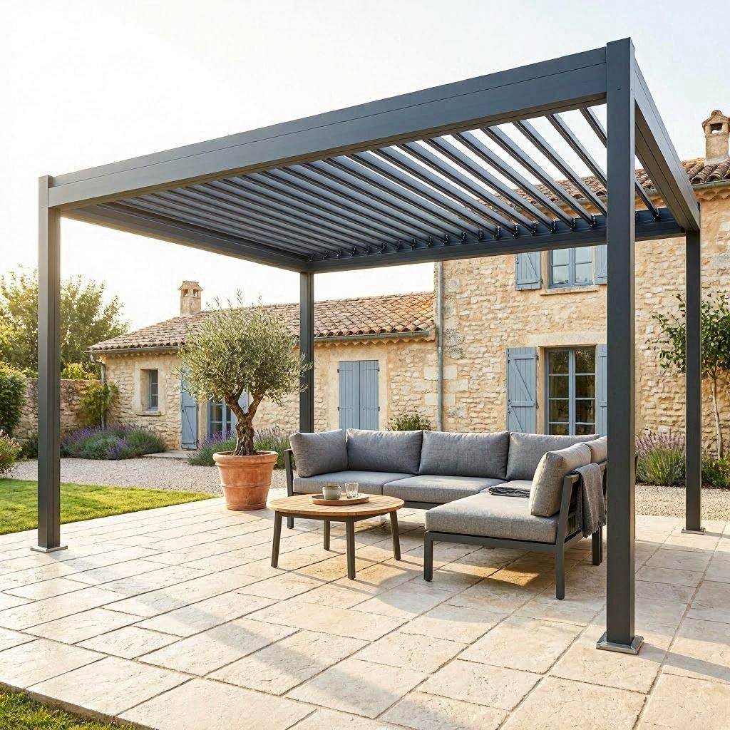 Terrasse couverte béton imprimé sous pergola bioclimatique aluminium, finition grande dalle crème, ambiance lounge extérieur en PACA