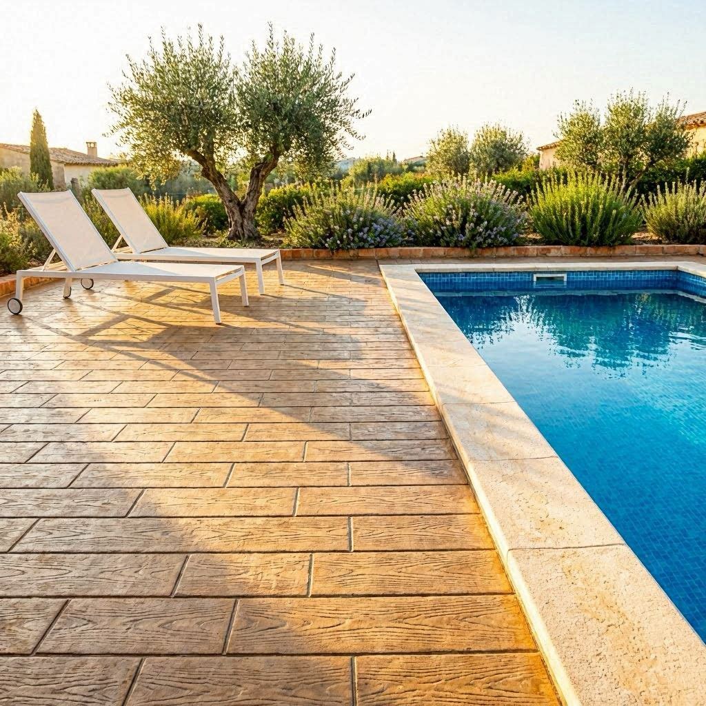 Terrasse béton imprimé imitation bois finition teck brun doré autour d'une piscine avec mobilier de jardin blanc et végétation méditerranéenne