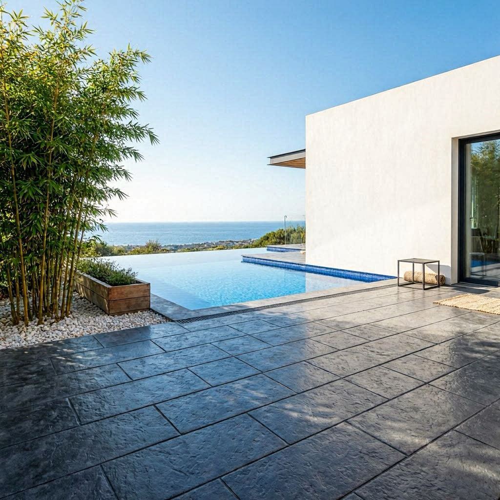 Terrasse béton imprimé anthracite grande dalle autour d'une piscine à débordement avec villa blanche moderne et jardin minimaliste en PACA