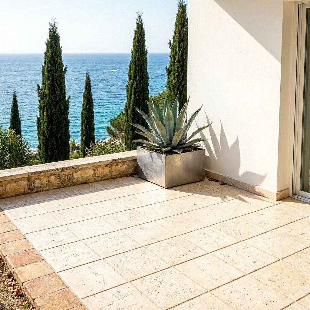 Terrasse béton imprimé Antibes finition travertin crème autour d'une piscine de villa contemporaine avec vue mer et Cap d'Antibes en arrière-plan