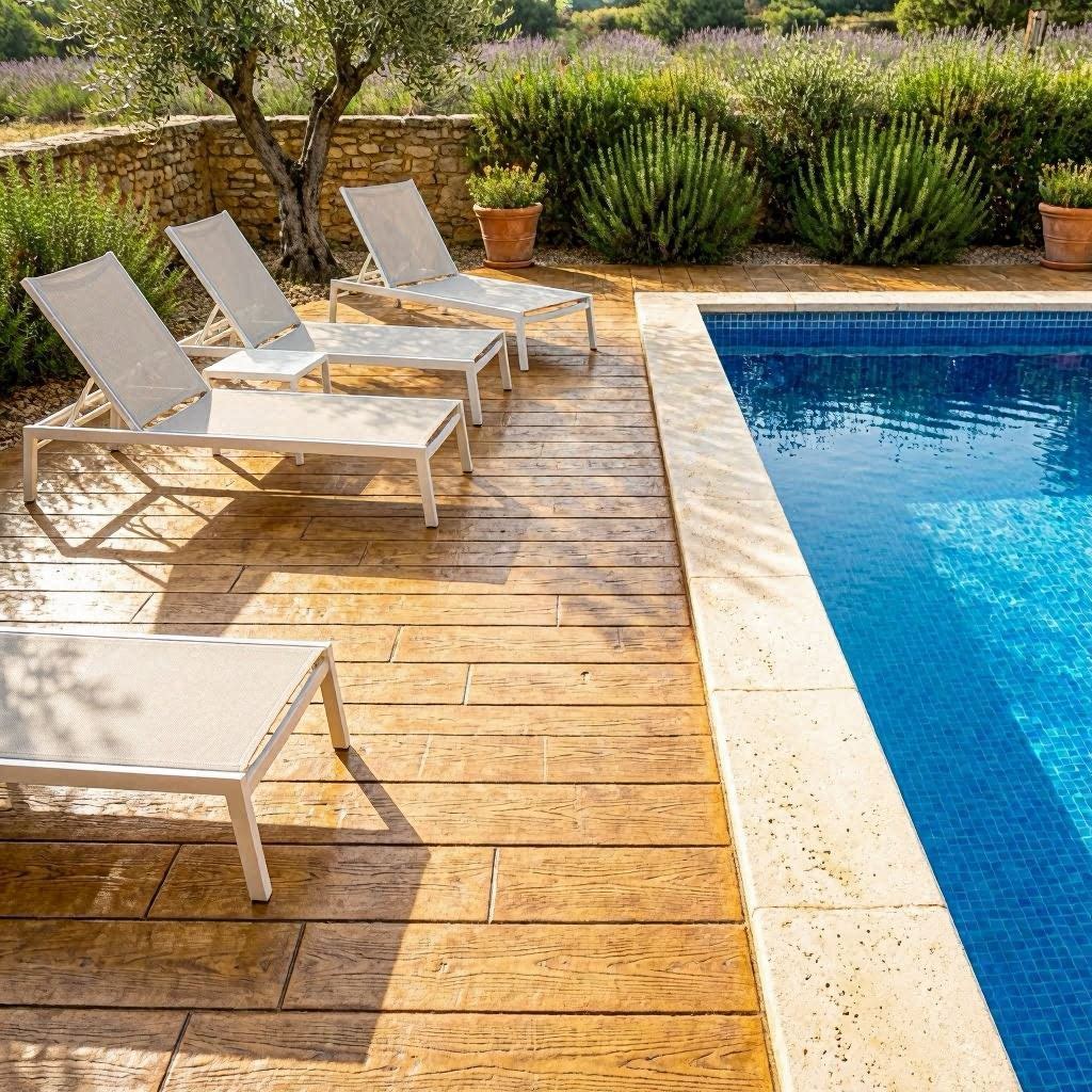 Terrasse béton imprimé beige calcaire pierre irrégulière autour d'une piscine provençale avec mas en pierre et oliveraie en arrière-plan