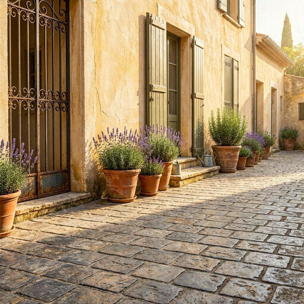 Cour de maison béton imprimé finition pavé ancien gris avec portail en fer forgé et façade de villa provençale
