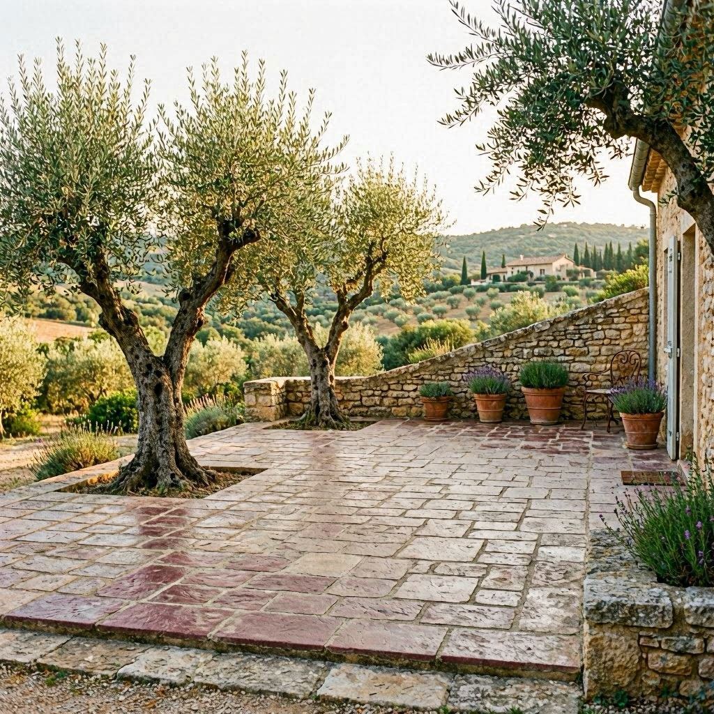 Terrasse béton imprimé Draguignan finition pierre de Bourgogne calcaire devant un mas provençal avec oliveraie et collines du Var en arrière-plan