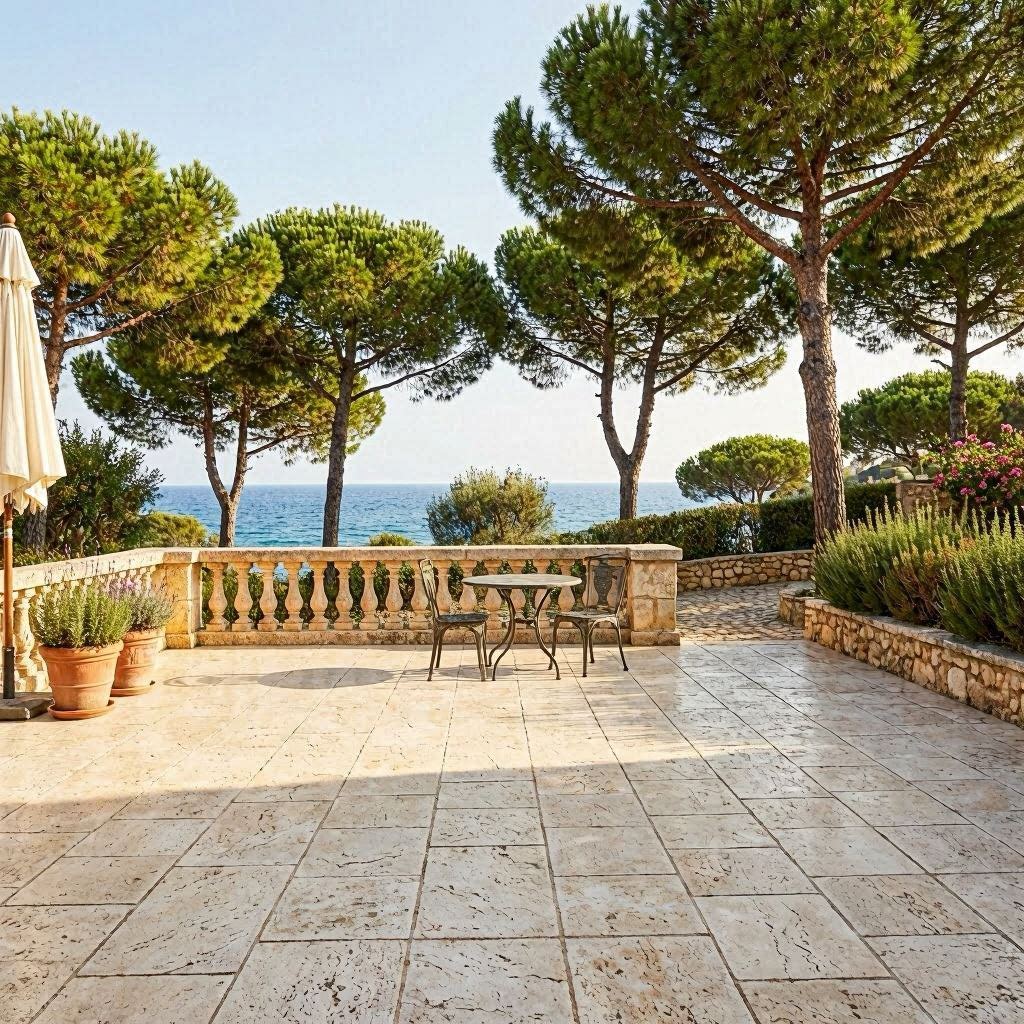 Terrasse béton imprimé Fréjus finition travertin crème autour d'une villa littoral avec pins parasols et vue mer en arrière-plan