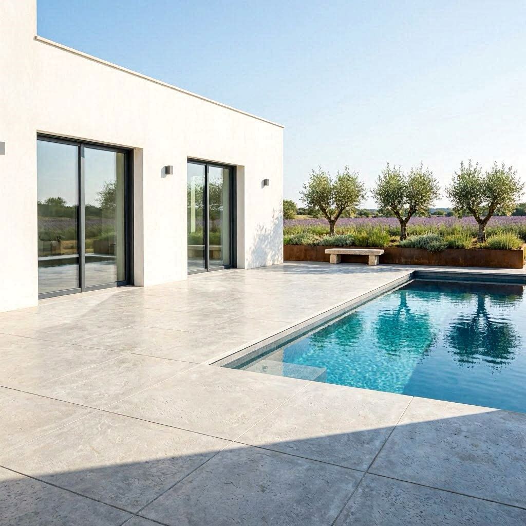 Terrasse béton imprimé grande dalle gris clair autour d'une piscine contemporaine avec villa blanche et baies vitrées en PACA