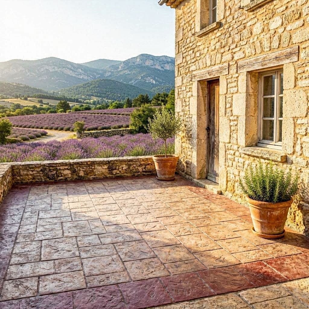Terrasse béton imprimé Grasse finition pierre de Bourgogne calcaire devant une bastide provençale avec champs de lavande et collines des Préalpes en arrière-plan
