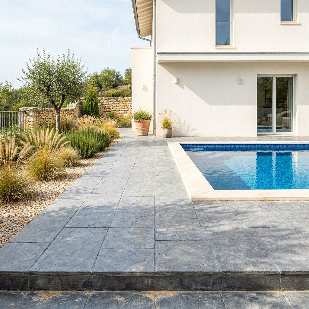 Terrasse béton imprimé gris ardoise grande dalle autour d'une piscine contemporaine avec villa blanche et jardin épuré en Provence