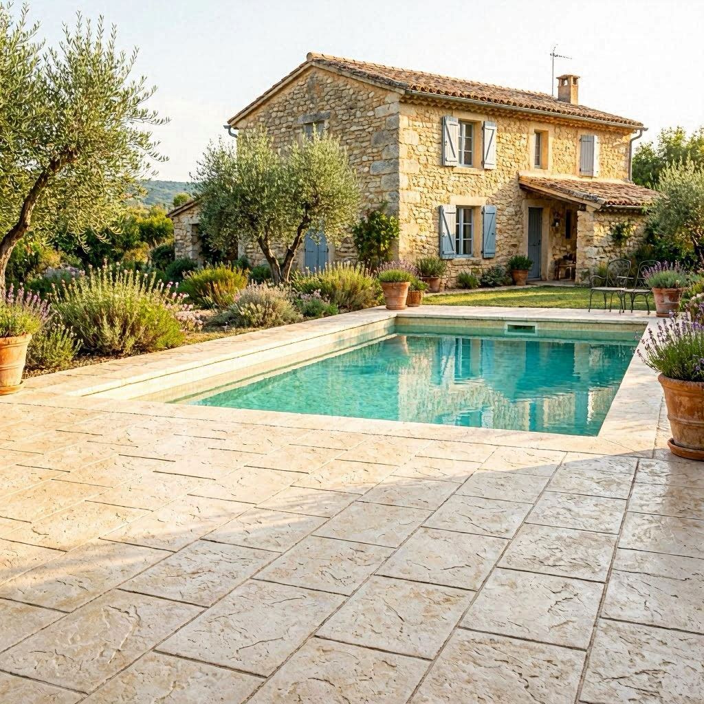 Terrasse béton imprimé imitation pierre calcaire irrégulière autour d'une piscine provençale avec oliveraie et mas en pierre en arrière-plan