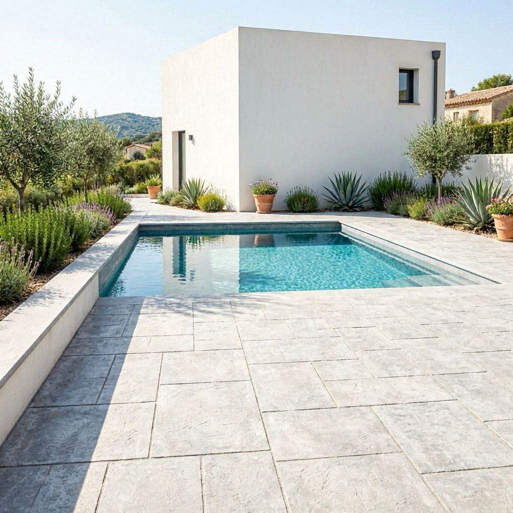 Terrasse béton imprimé Montpellier finition grande dalle gris clair autour d'une piscine de villa contemporaine avec végétation méditerranéenne et ciel bleu