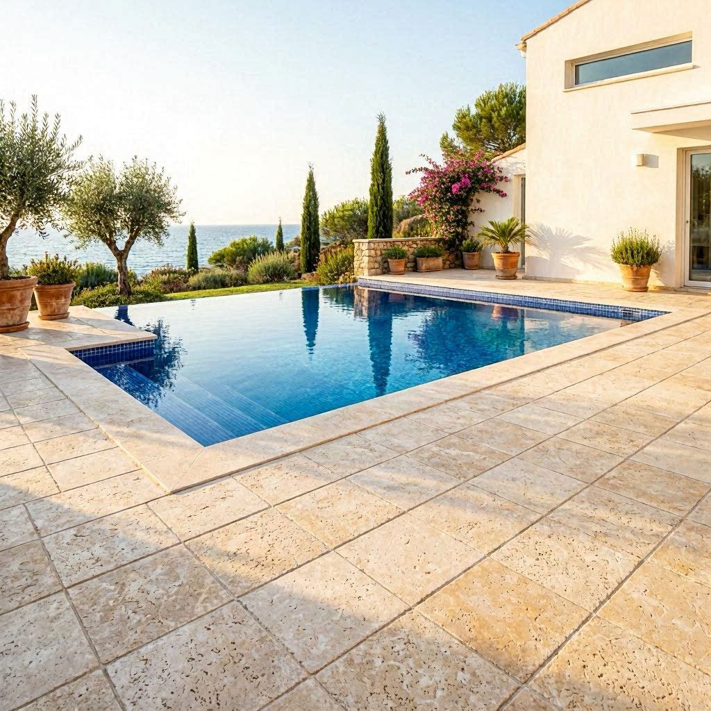 Plage de piscine béton imprimé Saint-Tropez finition travertin crème autour d'une piscine à débordement avec vue mer et villa de luxe blanche à Ramatuelle