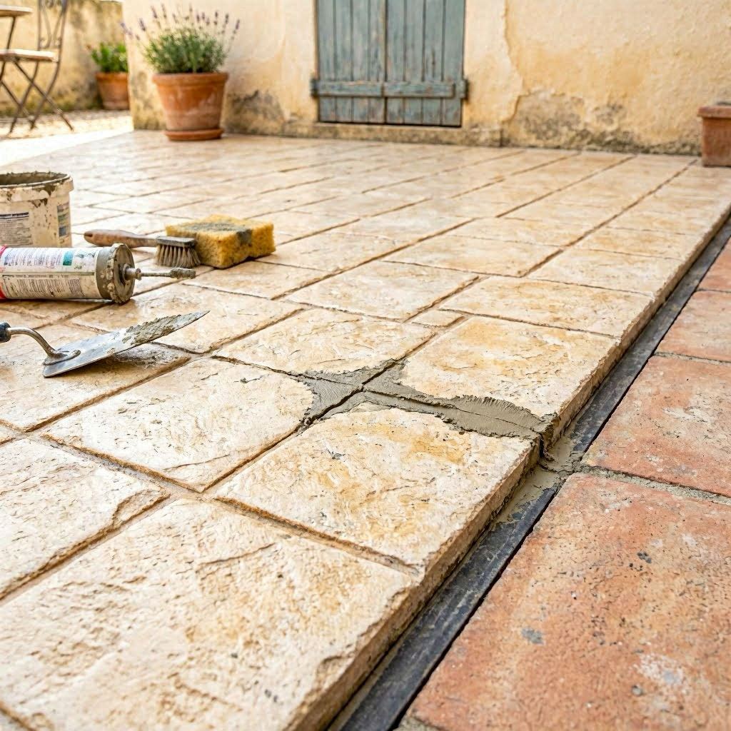 Gros plan sur une fissure de surface dans une dalle béton imprimé extérieure avec réparation en cours, joint de dilatation visible en bordure